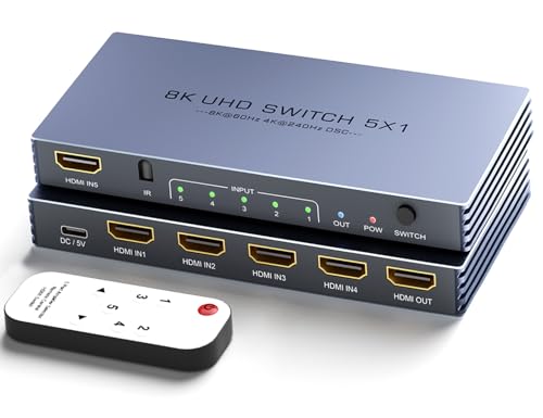 HDMI Switch 4K 240Hz - New Upgrade 5 in 1 Out 8K@60Hz 4K@240Hz HDMI Switch with Remote Support 3D/HDR/HDCP2.3, Compatible with PS5/4 Xbox Roku Apple TV Fire Stick 8k HDMI2.1 Switcher