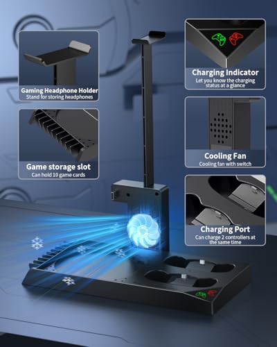 MENEEA Cooling Fan & Charging Stand for Xbox Series X Console & Controller | Vertical Cooler System Dual Charger Station Dock Accessories with 2x1400mAh Rechargeable Battery for Xbox Series X Controller - color: Black