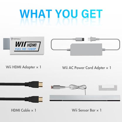 PORTHOLIC 4 in 1 Wii Replacement Cables Set, Wii AC Power Adapter + Wii to hdmi Converter+ Wired Motion Sensor Bar and Composite Audio Video Cable for Nintendo Wii - color: White