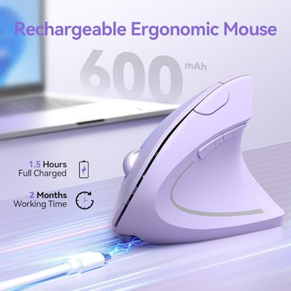 TECKNET Wireless Ergonomic Mouse, Rechargeable Wireless Vertical Mouse | Rechargeable Mouse Purple, 2.4GHz USB Receiver, Silent Click, 6 Adjustable DPI up to 4800, 6 Buttons for Laptop, PC & MacBook - color: Purple