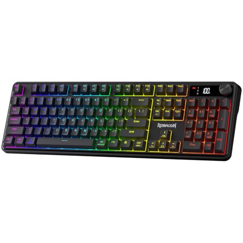 Redragon K526 PRO RGB Wireless Membrane Gaming Keyboard, 104 Keys Mechanical-Feel Keyboard w/LED Info Display, Media/Backlit Knob Control, Smooth Linear Switch & Software Supported - color: Black