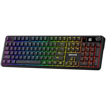 Redragon K526 PRO RGB Wireless Membrane Gaming Keyboard, 104 Keys Mechanical-Feel Keyboard w/LED Info Display, Media/Backlit Knob Control, Smooth Linear Switch & Software Supported - color: Black