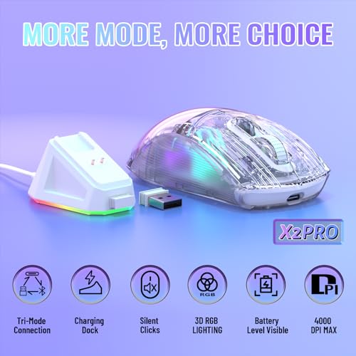 ATTACK SHARK X2 Pro Wireless Gaming Mouse with RGB Charging Dock,Tri-Mode PC Gaming Mice 2.4G/Bluetooth/Wired,Noiseless Mouse RGB Backlit,Transparent Shell,PixArt 3212 4000 DPI,for Win/MAC,White - color: White PRO
