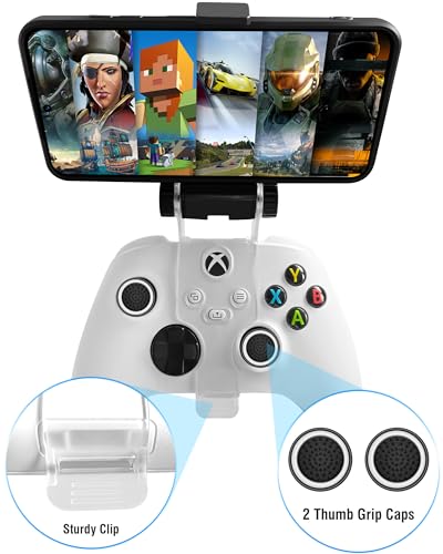 Joso Mobile Phone Holder for Xbox Controller, Cellphone Mount Clamp Compatible with Xbox Series S/X, Xbox One/S/X Gamepad, Adjustable Clip with 2 Thumb Grip Caps