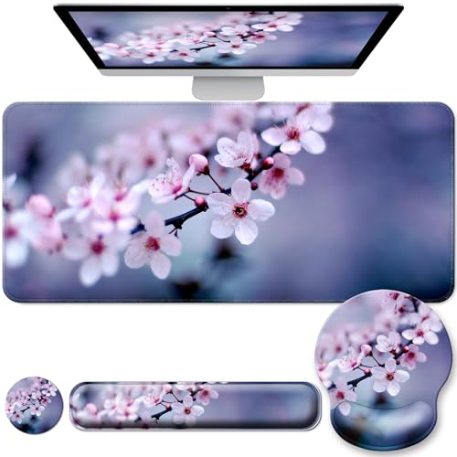 Desk Mat Set Keyboard and Mouse Pad with Wrist Rest Support | Ergonomic,Pain Relief, 4-in-1 Large Big Mousepad Computer Mats,Desk Pad Matt Mats for Desktop Home & Office - color: L1-Cherry Blossom