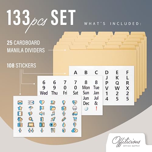 25 Heavyweight Manila Index Card Box Dividers with Tabs & 108 Stickers, Alphabetical File Dividers for 5x8 Index Card Box - color: 25 Pcs, size: 5 x 8 Inches