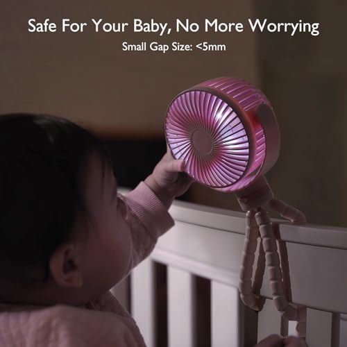 Momcozy 8000mAh Portable Stroller Fan, 27H Ultra-long Battery Life Detachable 4 Speed 360°Rotate LED Night Light with 2 Modes, USB Rechargeable Handheld Cooling Fan for Travel/Car Seat/Bedroom - color: Pink