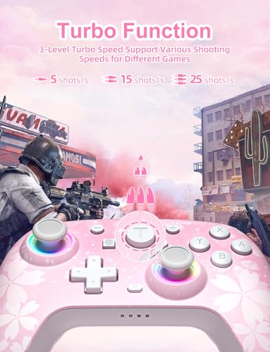 PHNIXGAM Pink Wireless Controller for Switch, Sakura | Switch/Lite/OLED/PC/Steam Deck/iOS/Android Compatible. Programmable buttons/RGB/motion control/vibration/turbo. 18hr battery. - color: Pink