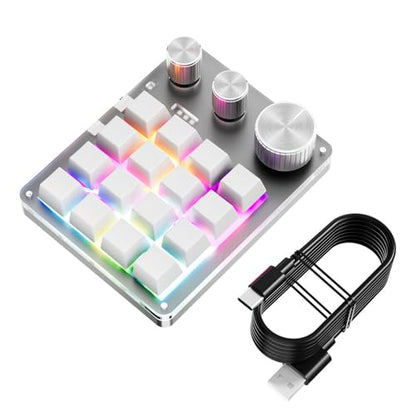 Yoidesu Programmable Macro Keyboard with Wired BT 2.4G Connection, 16 Keys 3 Knobs Gaming Keypad, Customizable for Work & Gaming (White) - color: White