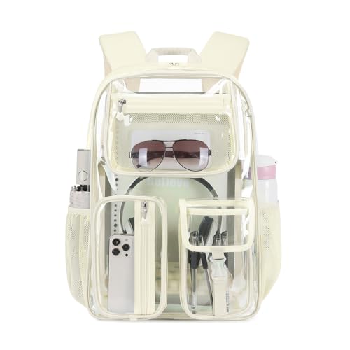 Cusangel Clear Backpack Heavy Duty For Sport Events,TPU Beige 16in Bookbag | See Through Plastic Stitch Durable Design 6-Pocket For School Boys Adults work Airport Quick Security,Large capacity backpack - color: Off-white