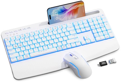 White Keyboard and Mouse Wireless Combo, 4000mAh Rechargeable Backlit Quiet Keyboards mice Set, USB Ergonomic Key Board with Wrist Rest & Phone Holder for PC, Mac, Windows, Natural Soft Typing - color: Pure white