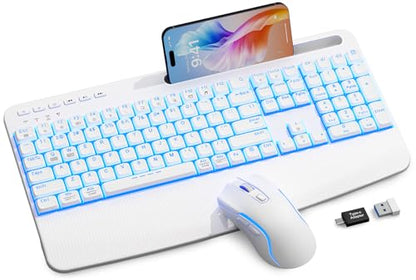 White Keyboard and Mouse Wireless Combo, 4000mAh Rechargeable Backlit Quiet Keyboards mice Set, USB Ergonomic Key Board with Wrist Rest & Phone Holder for PC, Mac, Windows, Natural Soft Typing - color: Pure white