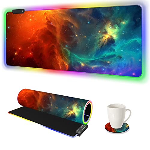 AIMSA Large RGB Gaming Mouse Pad, Keyboard Mousepad Led Extended 35.4 x 15.8 inch Non-Slip Rubber Base with 14 Lighting Modes, Big Desk Mat Waterproof, Galaxy Nebula - color: Galaxy Nebula