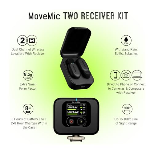 Shure MoveMic Two Kit, Pro Wireless Lavalier Microphones with Camera Receiver for DSLR, iPhone, Android, Mac, PC, 24-Hour Charge (MV-Two-KIT-Z7) | Includes 2 Clip-on Lavs, Charging Case and Camera Receiver, 8 Hr per Mic Plus Two Charges, IPX4, Bluetooth 5
