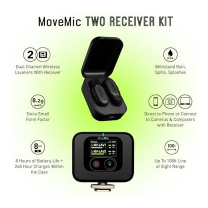 Shure MoveMic 2 Kit Wireless Lavalier Microphone System | Two Bluetooth clip-on lav mics with camera receiver for DSLR, iPhone, Android, Mac and PC; 24-hour charge, IPX4 - style: Two Channel Kit