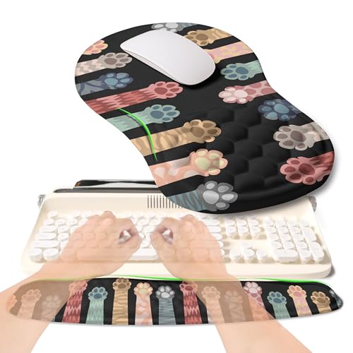 2-in-1 Ergonomic Set, Wave Rise Keyboard Wrist Rest and Massage Bulge Slope Mouse Pad Wrist Support, Cushion Memory Foam Integrated to Relieve Wrist Pain, Multicolour Cat Claws - color: Multicolour Cat Claws