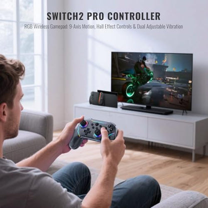 JDDWIN Wireless Pro Controller for Switch 2 with 9-Axis Motion Sensing,C Button,Hall Effect Joysticks, Wake-up/ RGB Light/FunctionTurbo/Marco/Programmable/Dual Vibration,3.5mm Audio Jack Gamepad forSwitch/Lite/OLED/PC (Black)