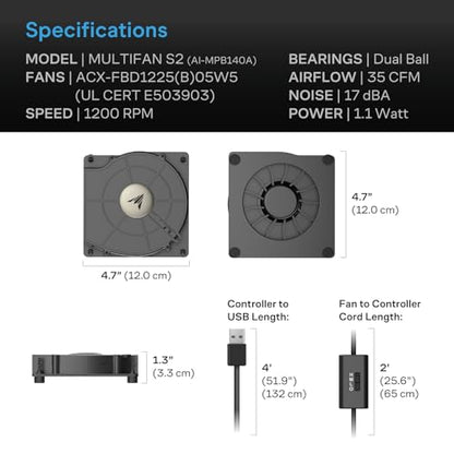 AC Infinity MULTIFAN S2, Quiet 120mm USB Blower Fan with Speed Control | UL-Certified for Receiver DVR Xbox Modem AV Cabinet Cooling - size: S2