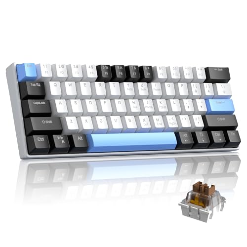 Camiysn 60% Mechanical Gaming Keyboard,Mixed Color Keycaps Gaming Keyboard with Brown Switches, Detachable Type-C Cable Mini Keyboard with Blue LED Light for PC/Laptop - size: black white blue(brown switch)