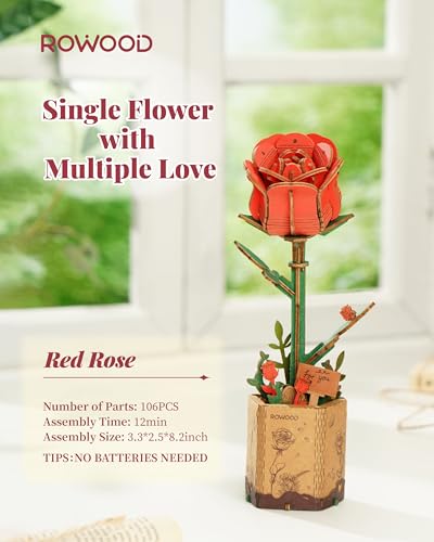 rowood 3D Puzzle Wooden Flower,DIY Artifical Flower Building Toy Set Craft Kit for Women,Mother's Day/Valentine's Day/Teacher's Day/Thanksgiving/Christmas/Birthday Choice-Red Rose - style: Red Rose