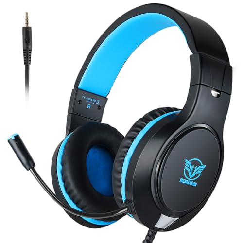 H-10 Gaming Headset for PS4, Xbox One, PC, PS5, Nintendo Switch, Stereo Wired Noise Cancelling Over Ear Headphones with Mic for Kids Adults, Bass Surround, Soft Memory Earmuffs, Blue