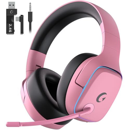 Gvyugke 2.4GHz Wireless Gaming Headsets for PS5, PS4, PC, Switch - Bluetooth 5.3 Gaming Headphones with Noise Canceling Mic, 7.1 Surround Sound, 70H Battery, Blue Lighting - Blush Pink - color: Blush Pink