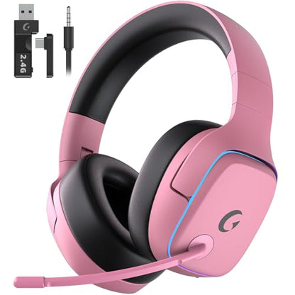 Gvyugke 2.4GHz Wireless Gaming Headsets for PS5, PS4, PC, Switch - Bluetooth 5.3 Gaming Headphones with Noise Canceling Mic, 7.1 Surround Sound, 70H Battery, Blue Lighting - Blush Pink - color: Blush Pink