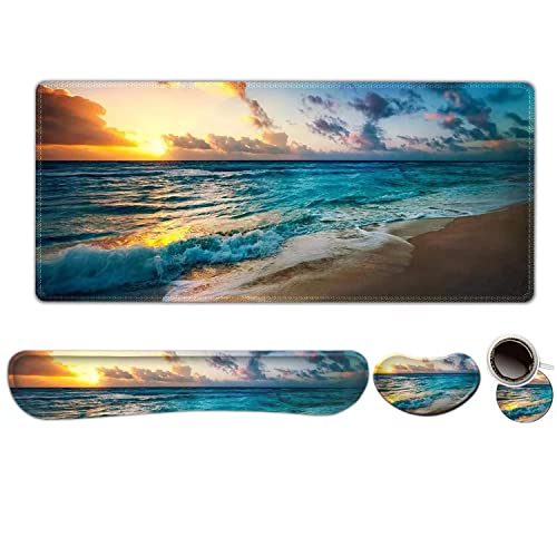 ToLuLu Mouse Pad, Memory Foam Ergonomic Keyboard Mouse Wrist Rest Support | Large Extended Gaming Desk Mat with Stitched Edges, Non-Slip Base Mousepad Set for Home Office Game and Study, Beach Sunset - color: Sunset Sea Beach