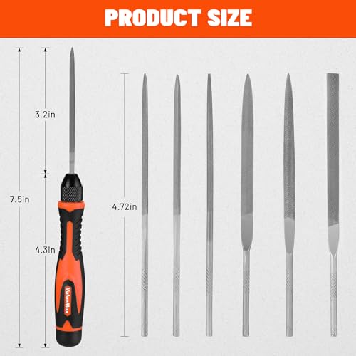 ValueMax 7PCS Interchangeable Needle File Set, Small File Set | Includes Flat, Flat Warding, Round, Half-Round, Square, Triangular File and Handle, For Shaping Metal, Wood, Jewelry, Plastic