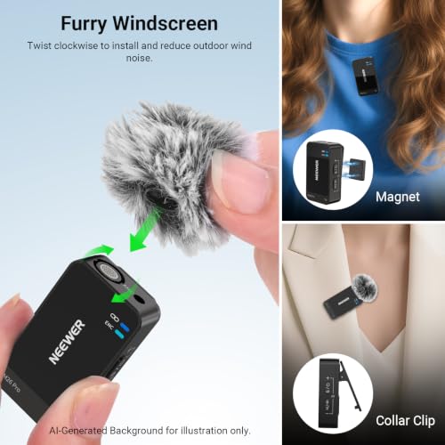 NEEWER CM26 Pro AI Wireless Microphone Compatible with iPhone Android Phone Camera PC, Lavalier Lapel Mic DSP/MCU Noise Cancellation Mute Gain Low Cut 48KHz/24Bit 88dB SNR 50H Battery 100m Range