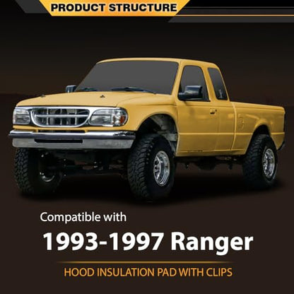 CNNELL Hood Insulation Pad 1/2" with Clips Compatible with Ford Ranger 1993-1997 - style: 1993-1997 Ford Ranger