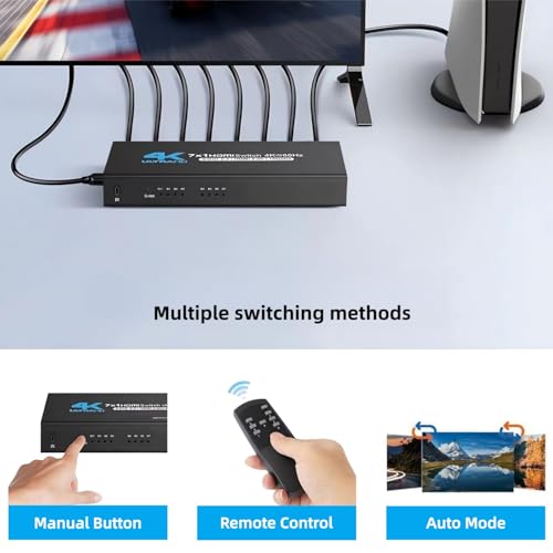 HDMI 2.0 Switch, 4K@60Hz HDMI Switcher 7 in 1 Out with IR Remote, 7 Port HDMI Selector Box Support HDMI2.0, Dolby Vision/Atmos, HDR10 for Box, Switch, PS5/4, Roku, Fire -Stick