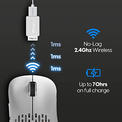 Pulsar Gaming Gears - Xlite v2 Wireless Gaming Mouse, Ultra Lightweight, 2.1 oz (59 g), Ergonomic 2.4 Ghz 1 ms 20000 DPI Optical Sensor PAW3370 Domestic Genuine Product (Medium, Wireless, White) - color: White, size: Medium, style: Xlite V2