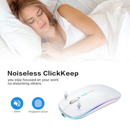 AIKOKOK Wireless Bluetooth Mouse, Rechargeable Dual Mode Mouse, Silver | BT 5.2 & 2.4G USB Receiver,3 Adjustable DPI,LED Lights,Slim,Silent,Portable Computer Mouse for Laptop,PC,MacBook,iPad,Tablet - color: Silver