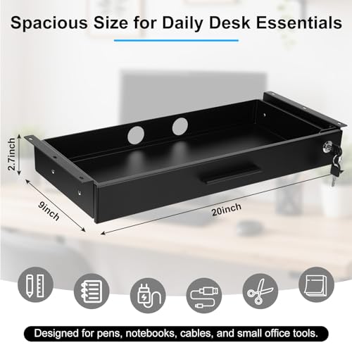Menkxi 20'' x 9'' Under Desk Drawer Slide Out Storage Organizer, Lockable Metal Desk Drawer for Laptop and Office Accessories, Large Hidden Under Table Storage Box with Cable Management, Black - size: 20'' x 9''