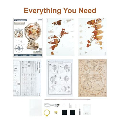 ROKR 3D Wooden Puzzles for Adults Illuminated Globe with Stand 180pcs 3D Puzzles Built-in LED Model Kit Hobby Gifts for Adults Home Decor