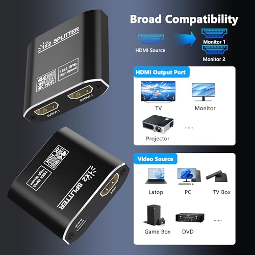 HDMI Splitter 1 in 2 Out, HDMI 2.0b 18Gbps 4K@60Hz HDR10 HDCP 2.2,Splitter for Dual Monitors Support EDID Management, for Laptops/Fire Stick/PS5/Xbox/TV Box/Roku/PC/Monitor(1 Source to 2 Displays)