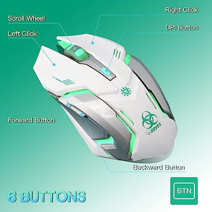 VEGCOO White Wireless Gaming Mouse, Silent Click Wireless Mouse with 3 Level DPI, Rechargeable Computer Mice with Colorful RGB LED Lights and Side Buttons for Laptop and Desktop - color: White