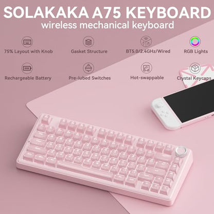 SOLAKAKA A75 Wireless Gaming Keyboard with Multifunction Knob, BT5.0/2.4GHz/USB-C, 75% Mechanical Keyboard, Hot-Swappable, Gasket Creamy Keyboard with RGB Backlit, Crystal Keycaps, for PC/Mac/PC - color: Crystal-Pink