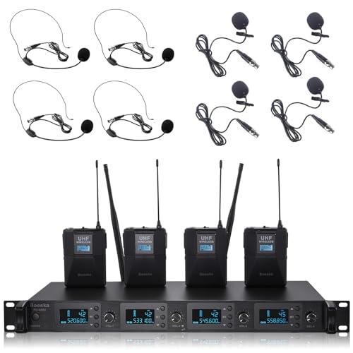Wireless Microphone System 4 Channel UHF 4 Lavalier Lapel Headset Mics for Karaoke Church Speaking Conference Meeting Party, 4x25 Adjustable Frequency (4 Bodypack) - size: 4 Bodypack