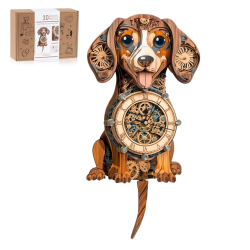 3D Wooden Puzzles for Adults, Dachshund Clock with Pendulum Model Kit, 3D Puzzles for Adults Room Home Decor DIY Wall Clock Kit, Holiday Birthday Christmas Day Gifts for Men Women Teens - color: Dachshund