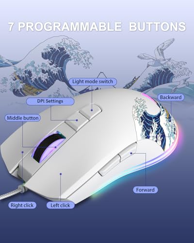 COSTOM Womier G705 USB Wired Gaming Mouse for PC Computer Windows Mac Laptop, Lightweight Silent RGB Backlit Mouse with Adjustable 12000DPI/7 Programmable Side Buttons,White Kanagawa Theme - color: white 2