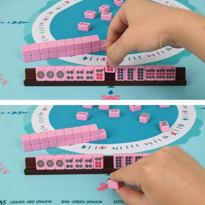 Travel American Mahjong Tile Set, 166 PCS 0.8 Inch Mini Mahjong Game Tiles, 4 Wooden Racks, Floral Storage Bag, 3 Dice & Beginner's Guide, Complete Portable Set (Pink) - color: Pink