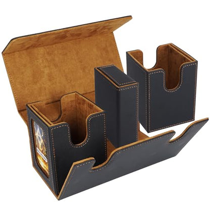 AFIING MTG Commander Deck Box 200 Double Sleeved Cards Storage, 3-in-1 Magnetic Card Case Organizer for Magic: The Gathering TCG CCG, 4 Dividers & 2 Toploaders (Black/Gold) - color: Black Gold