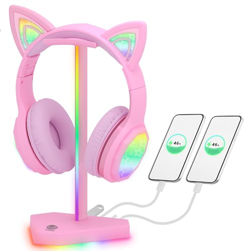 RGB Headphones Stand with 1 USB-C Data Transmission& 3 Type-C Charging Port, Desk Gaming Headset Holder with 7 Light Modes and Non-Slip Rubber Base (Pink) - color: Pink