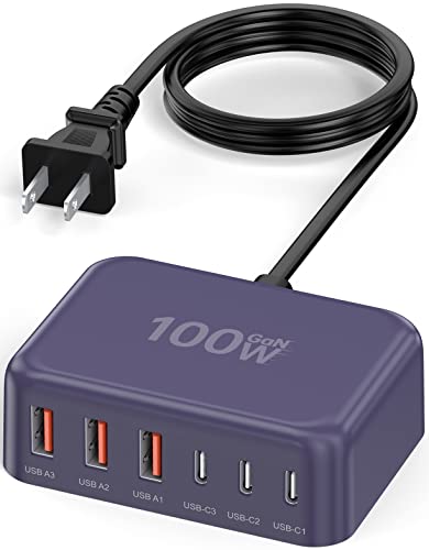6 in 1 USB Charger, 50% Smaller Charging Station for Multiple Devices, 100W Fast Charging Blocks with Type C Ports, USB Charging Hub Organizer Multiport Power Strip for iPhone, Ipad, Kindle, Travel - color: E-Purple