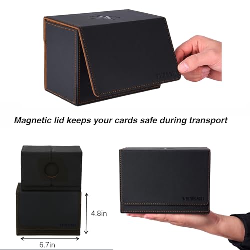 Venssu Storage Box, Commander Deck Box with Dice Tray, Fits 200 Single Sleeved Cards, 2 Dividers, Magnetic Closure, PU Leather, Black & Brown | Holds 200 Single/160 Double-Sleeved Cards, Fit MTG/PTCG/OPTCG Cards, Strong Magnet, With 2 Dividers & 1 Magneti