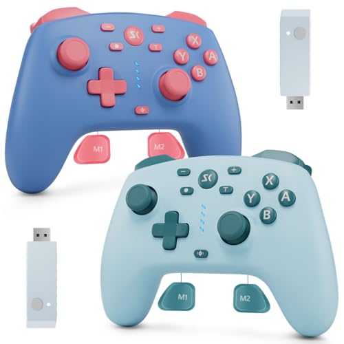 Wireless Switch Controller for Switch/Switch 2/OLED/Lite/PC, 2 Pack Switch Pro Controllers with 2.4G Dongle, Hall Effect Joysticks & Triggers, Dual Rumble, Turbo & 2 Macro Back Buttons(Blue+Lake Blue) - color: Blue+Lake Blue