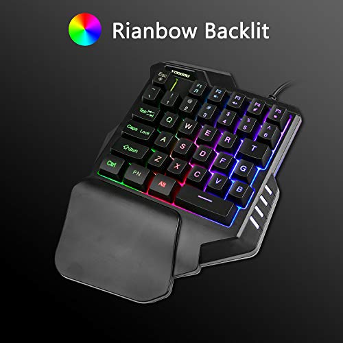 One-Handed Gaming Keyboard, Wired Mini 35 Keys Single Hand with Rainbow Fixed Backlit, Portable Gamer Keyboard with Ergonomic Design of Wrist Rest, Macro Recording Function, for PC Computer