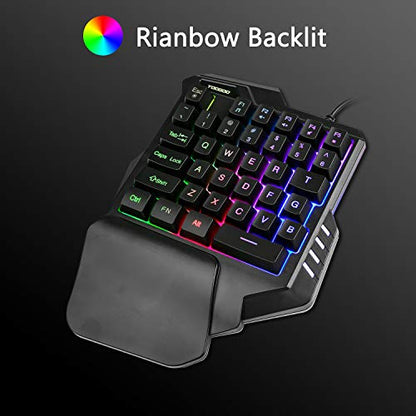 One-Handed Gaming Keyboard, Wired Mini 35 Keys Single Hand with Rainbow Fixed Backlit, Portable Gamer Keyboard with Ergonomic Design of Wrist Rest, Macro Recording Function, for PC Computer